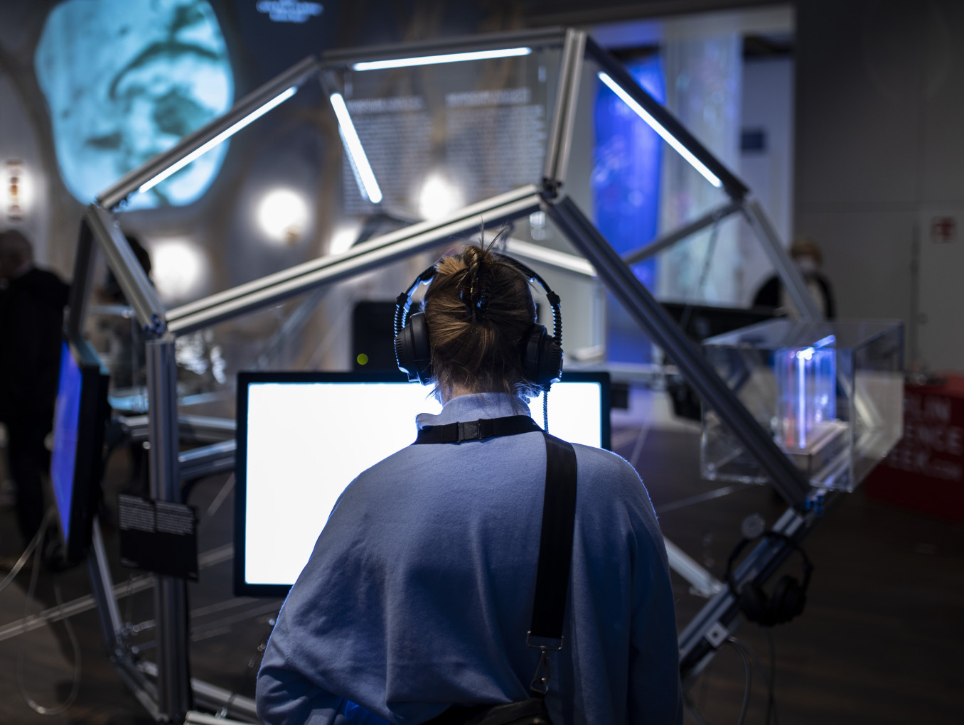Woman looking at a screen at an exhibition