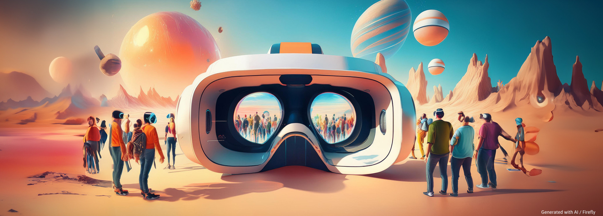 A giant futuristic VR Goggle is surrounded by a crowd of different people or robots on the surface of a colorful dessert planet. In the sky other planets are visible.
