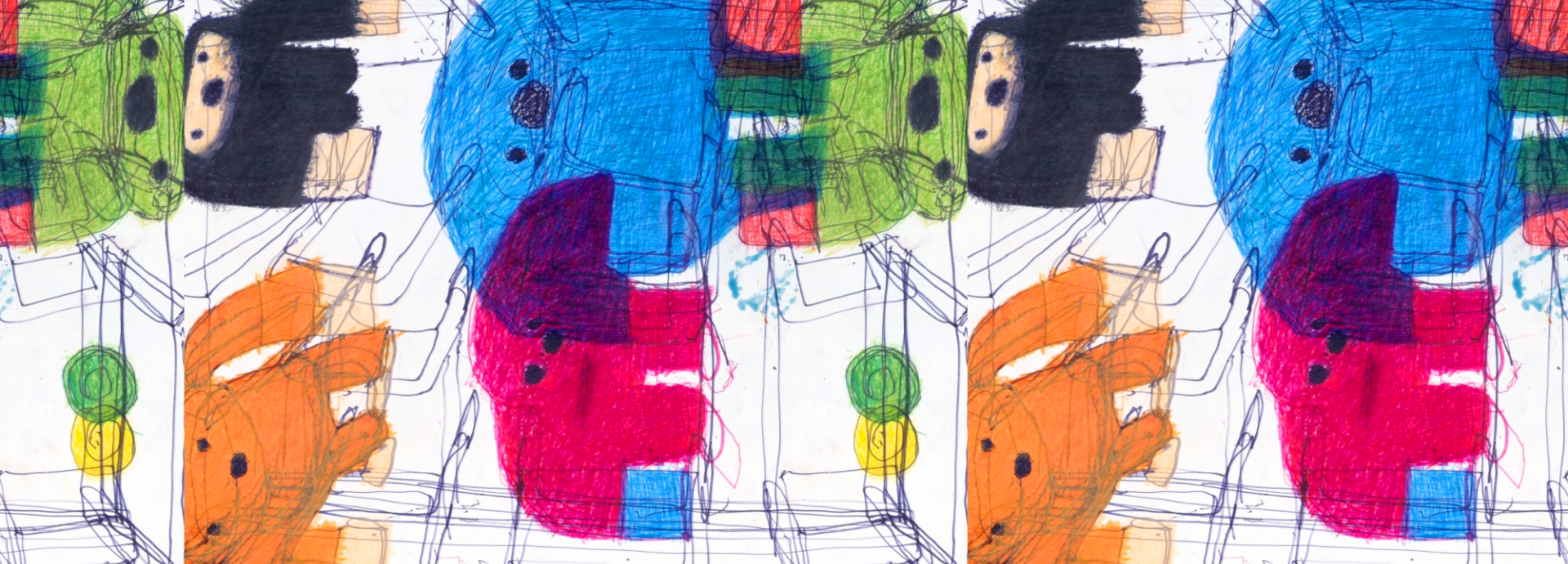 This photo shows a multi-colour work by the artist Achim Maaz drawn with oil pastel crayon and felt-tip pen.
