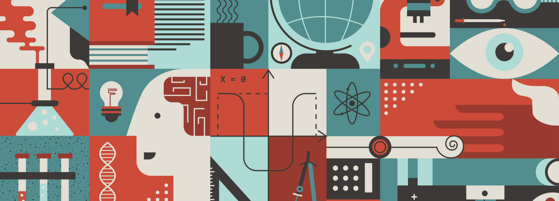 This image features a stylized, abstract representation of scientific and academic concepts. It is composed of geometric shapes and illustrations in shades of red, teal, black, and white. The design includes icons of test tubes, a DNA helix, a lightbulb, a microscope, a globe, and a ruler, all arranged in a grid-like pattern.