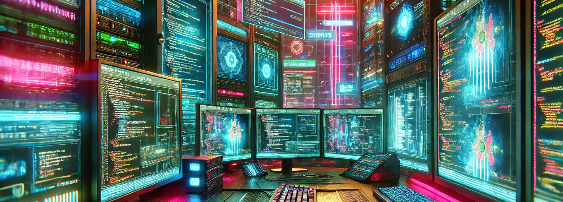 An AI generated illustration of many screens and other computer hardware