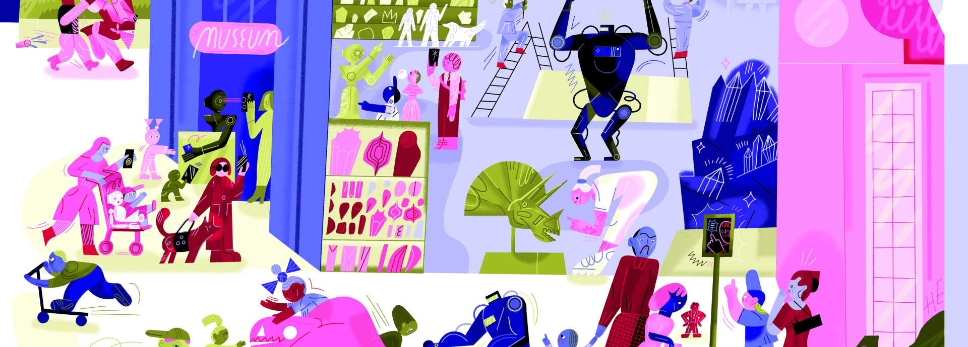 Wimmelbild von Robotern im Museum