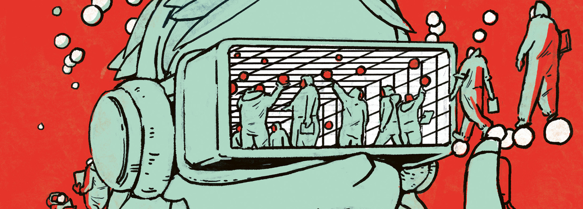 Grafik zeigt den Blick in das Hirn eines Roboters über eine VR-Brille, die Lernprozesse illustriert