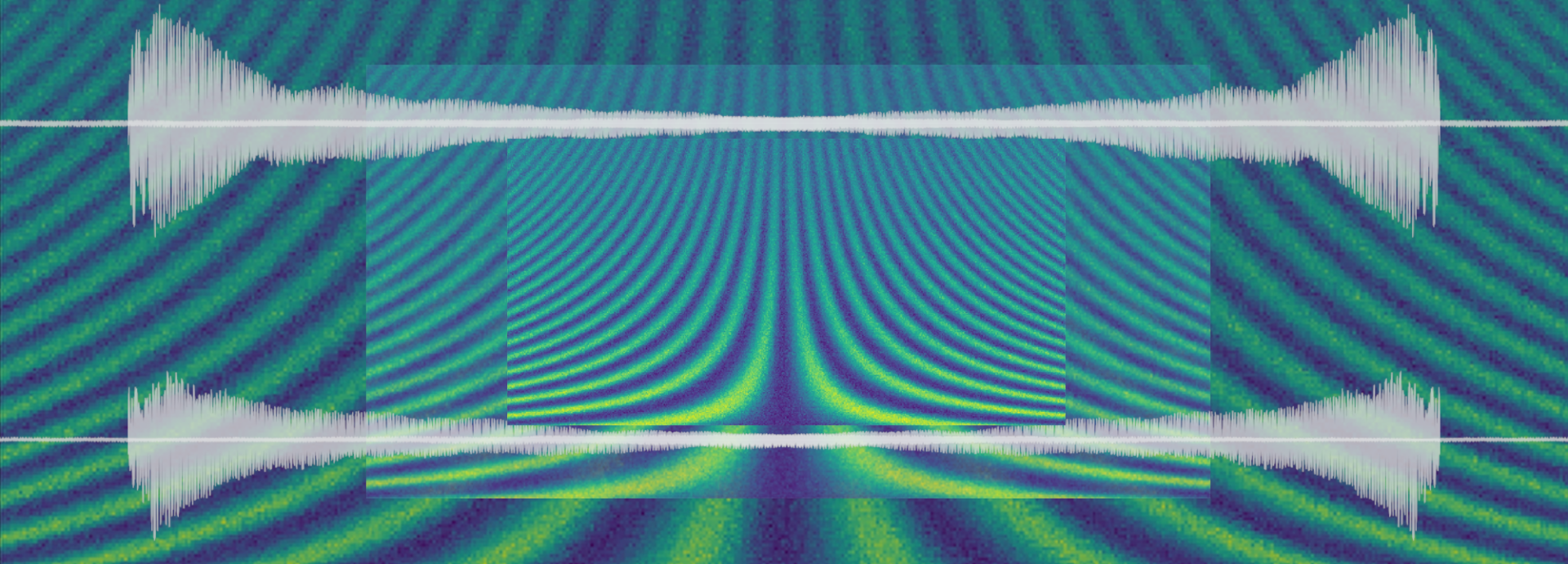 Banner graphic of a qbit's Ramsey delay measurement in green and blue - stacked three times in different image sizes - and a white stereo waveform of an acoustic signal, horizontally mirrored