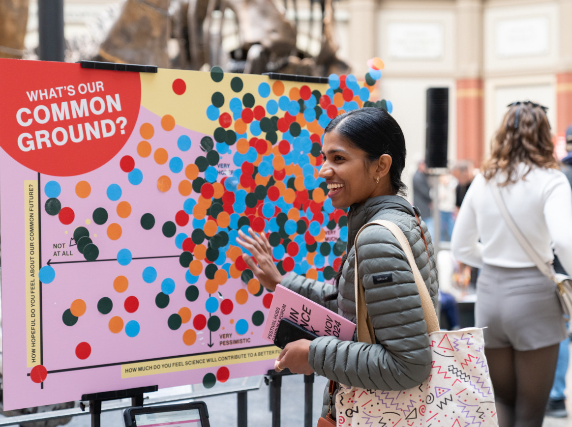 woman putting a sticker on a board asking 'What's our Common Ground?'