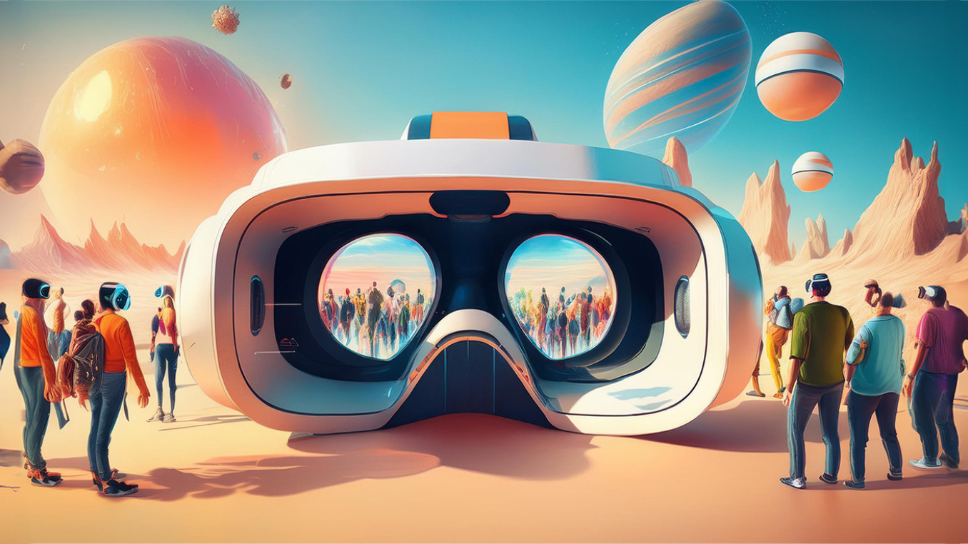 A giant futuristic VR Goggle is surrounded by a crowd of different people or robots on the surface of a colorful dessert planet. In the sky other planets are visible.