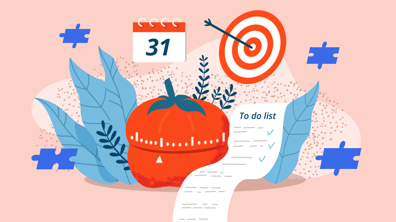 Cartoon style image of red tomato timer surrounded by to-do list, calendar