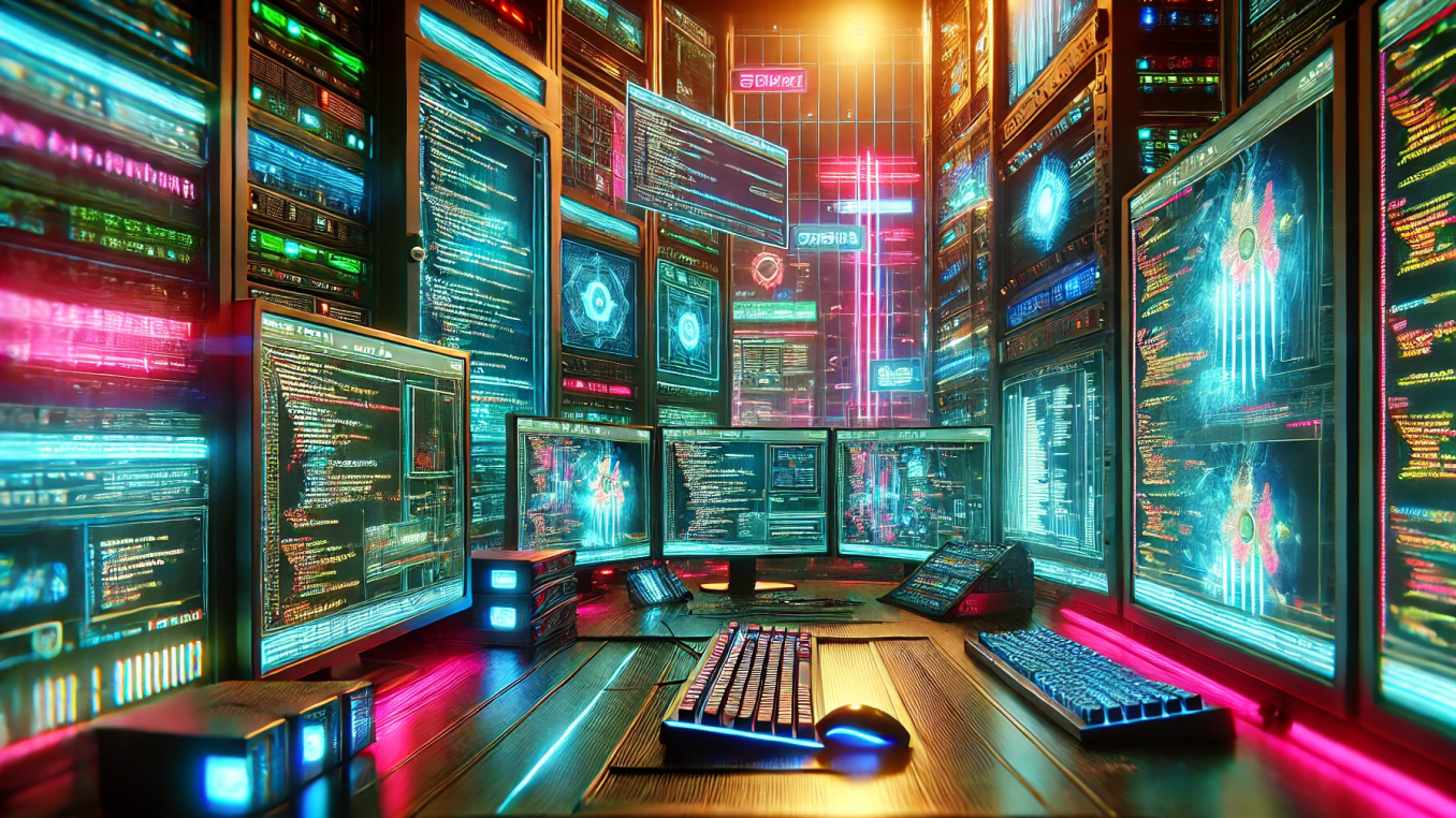 An AI generated illustration of many screens and other computer hardware