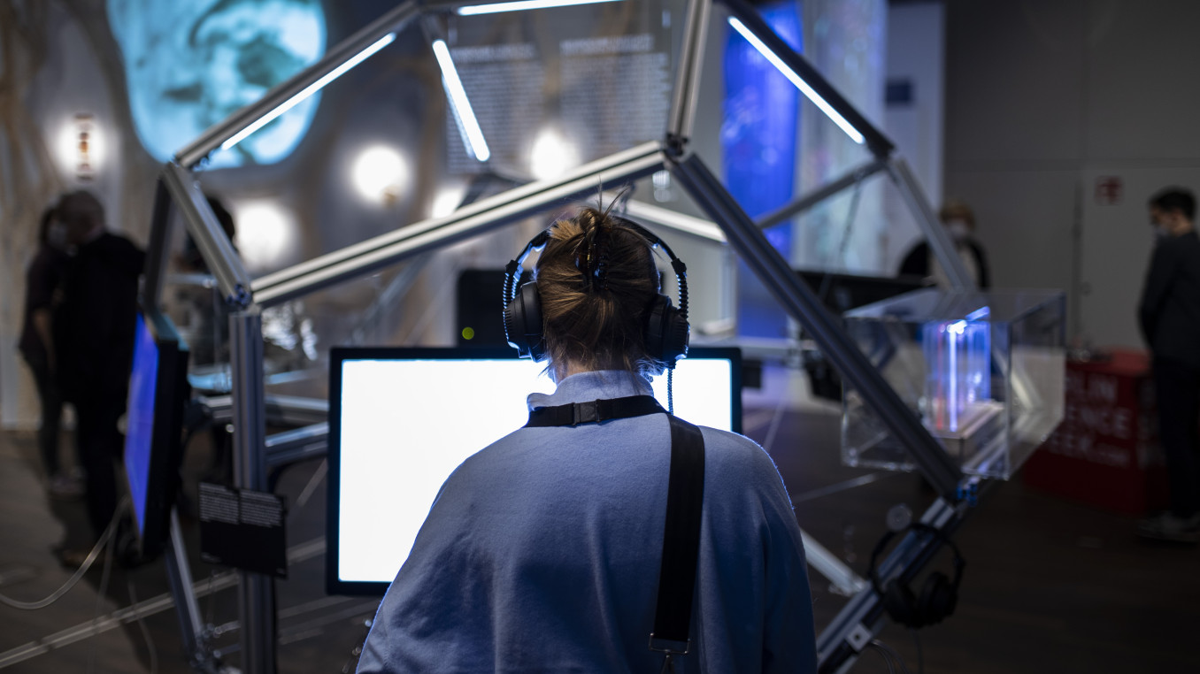 Woman looking at a screen at an exhibition