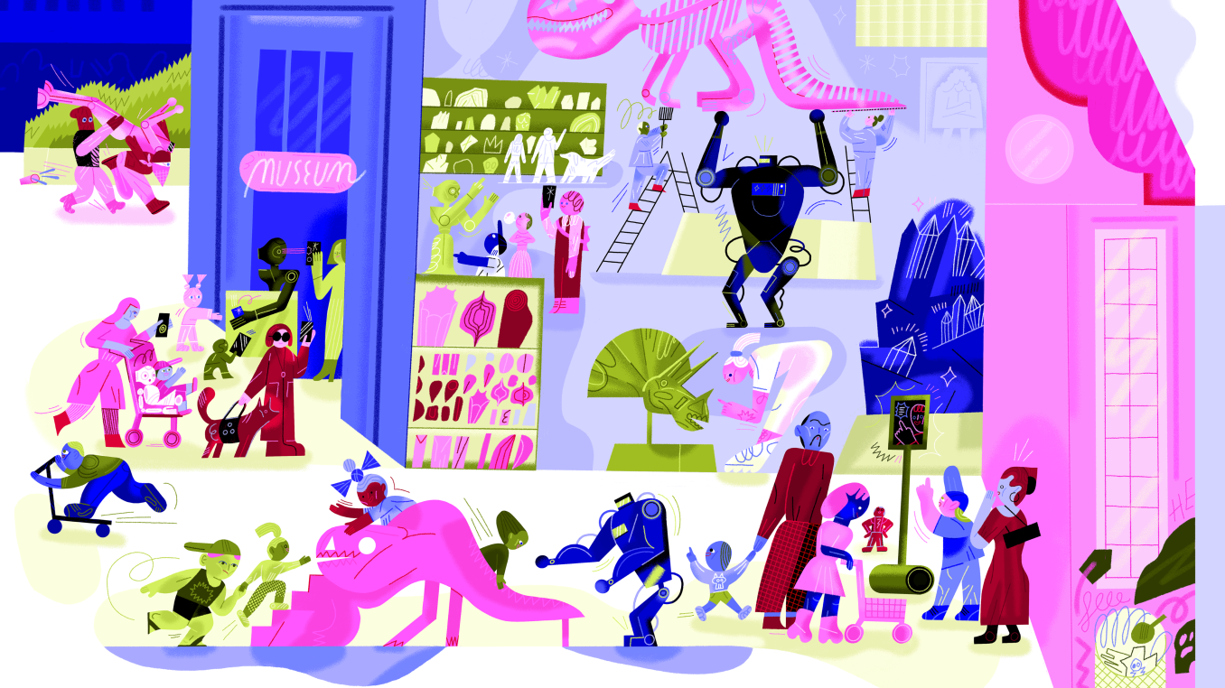 Wimmelbild von Robotern im Museum