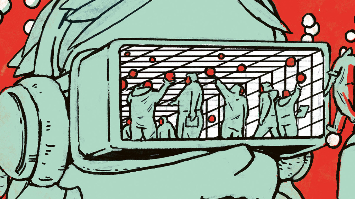 Grafik zeigt den Blick in das Hirn eines Roboters über eine VR-Brille, die Lernprozesse illustriert