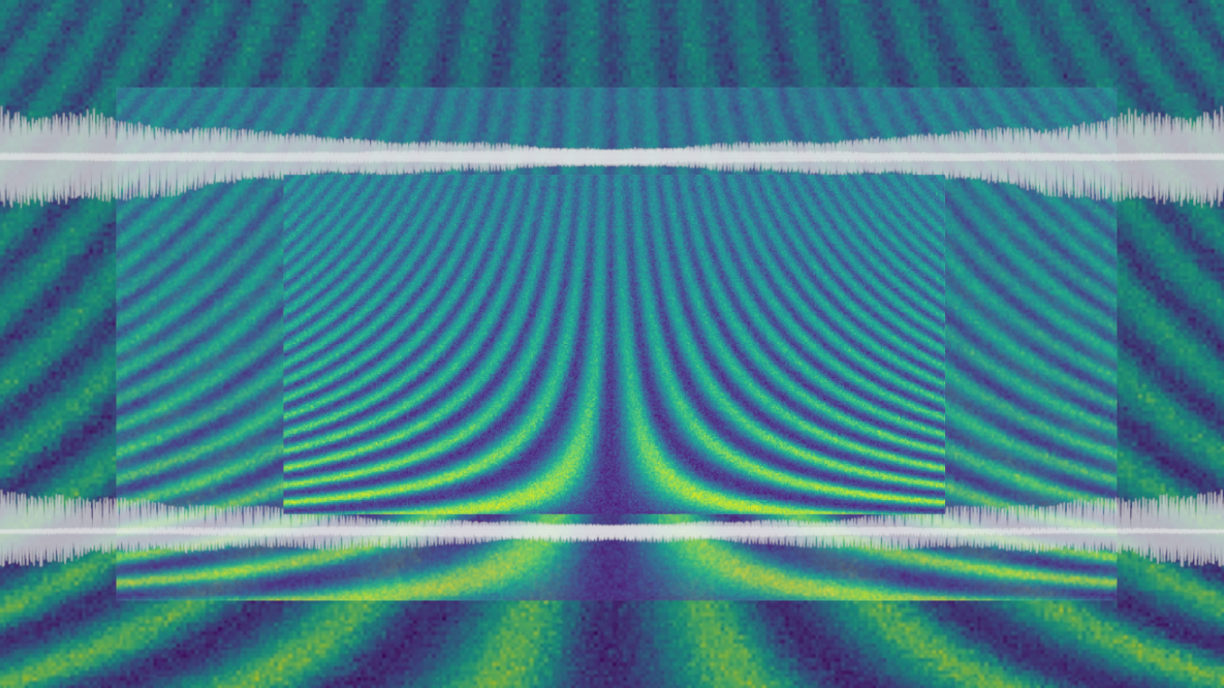 Banner graphic of a qbit's Ramsey delay measurement in green and blue - stacked three times in different image sizes - and a white stereo waveform of an acoustic signal, horizontally mirrored