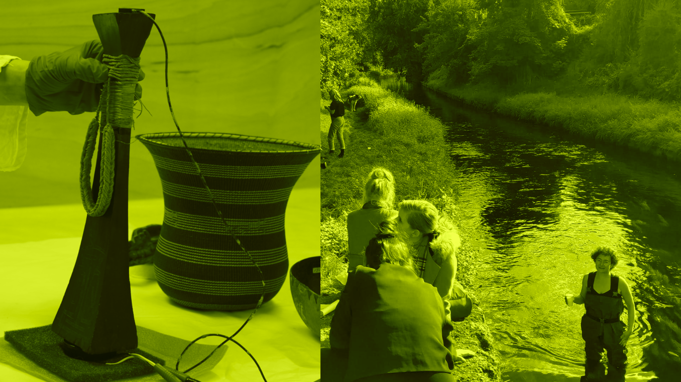 OBEJCT TO THE LEFT, PEOPLE AT RIVER ON THE RIGHT SIDE